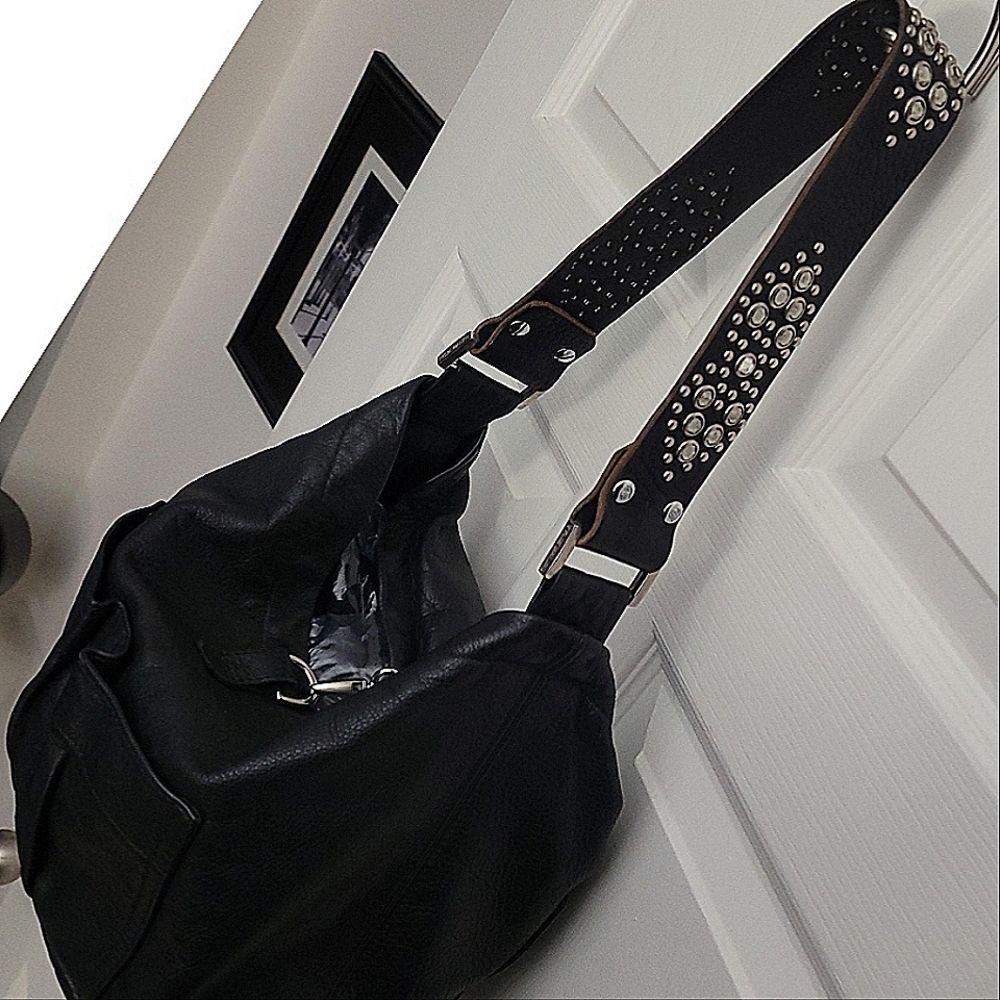 Vintage Tylie Malibu black leather & studded hobo handbag